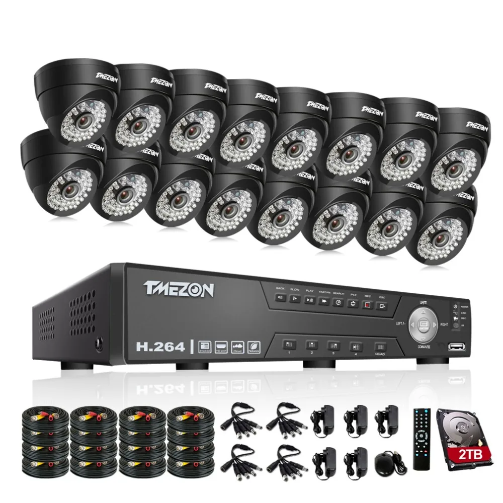 Tmezon AHD 16CH DVR 16pcs 1080P Camera Security Surveillance CCTV System Auto IR-Cut Night Vision Up to 40m 1TB 2TB HDD Kit