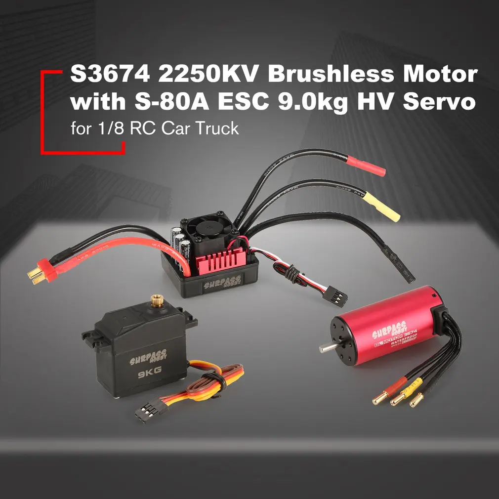 

Hot SURPASSHOBBY S3674 2250KV Brushless Motor S-80A ESC with 9.0kg HV Servo Upgrade Brushless Combo Set for 1/8 RC Car Truck Toy