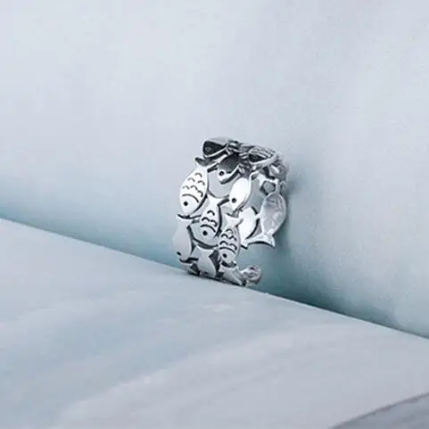 Real 925 Sterling Silver Fish Rings for Women Adjustable Wedding Ring Fashion sterling-silver-jewelry Girls Gift