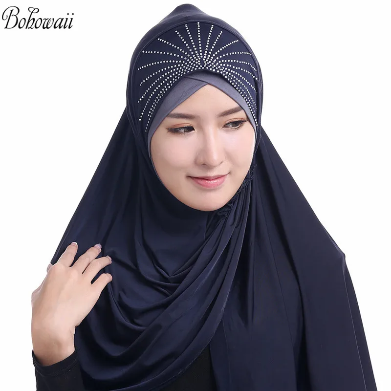 

BOHOWAII Jersey Hijab Headscarf Cap Islamic Full Cover Hot Sale Muslim Headwear Fashion Diamonds Hijabs Femme Musulman