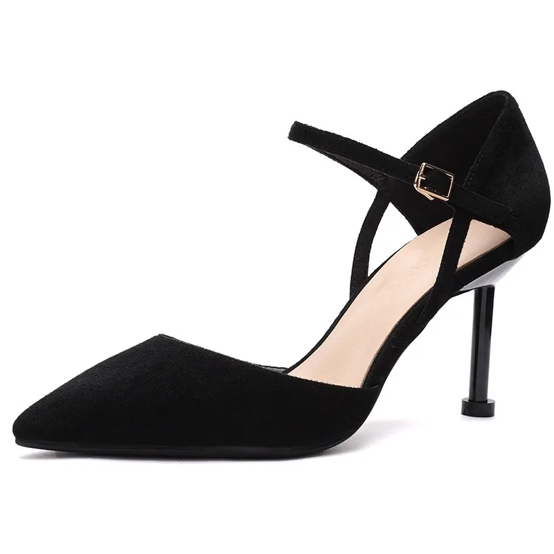 Летние женские босоножки; обувь с открытым носком; модная весенняя женская офисная обувь на тонком каблуке 5 см с пряжкой - Цвет: Черный