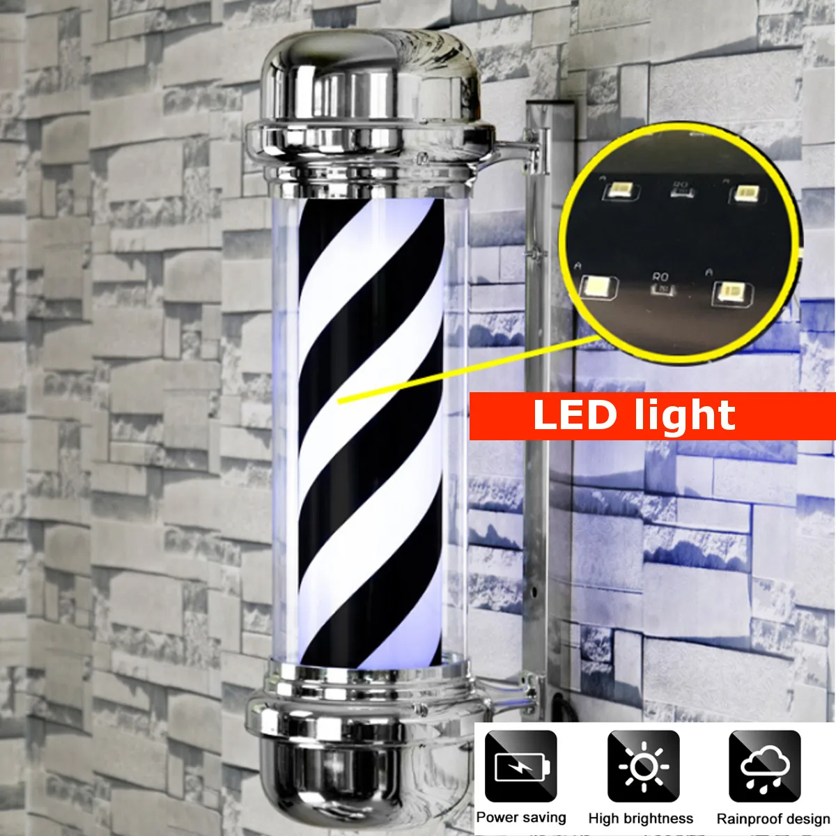 

60/70cm Barber Shop Pole Rotating Lighting Black White Blue Stripe Rotating Light Stripes Sign Hair Wall Hanging LED Downlight