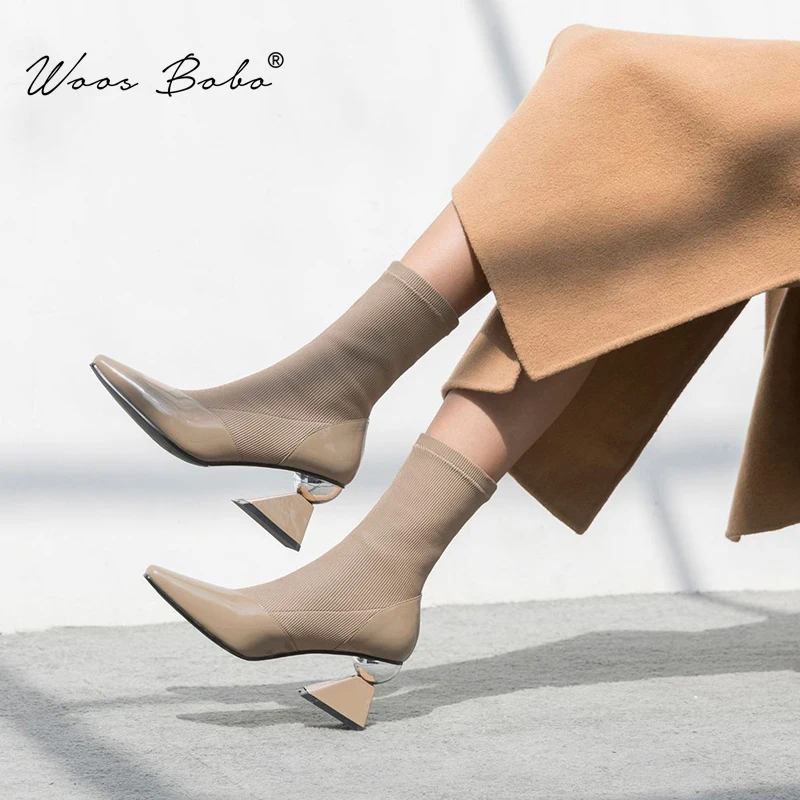 

Patent leather Stretch Knit Ankle Boots Heels for Women Spring/Autumn Booties Pointed Toe Women boots strange heels shoes women