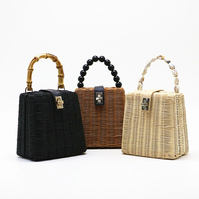 Bolsa de Palha Caixa Pequena Grânulos Preto Branco Portátil Mensageiro Artesanal Praia Bolsa