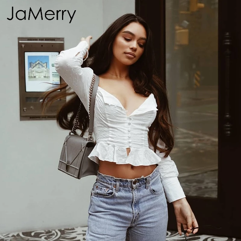  JaMerry Elegant white blouse women shirts 2019 Vintage flower print blouse tops summer Casual ruffl