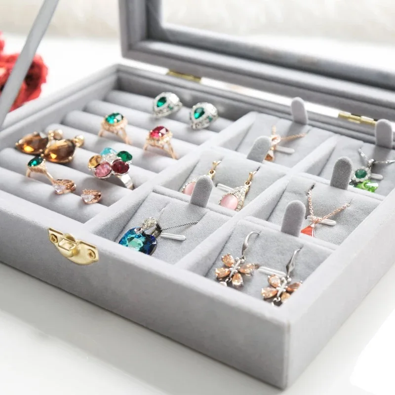

Flock Jewelry Storage Box Stud Earrings Rings Necklace Velvet Storage Organizer Makeup Portable Jewelry Box
