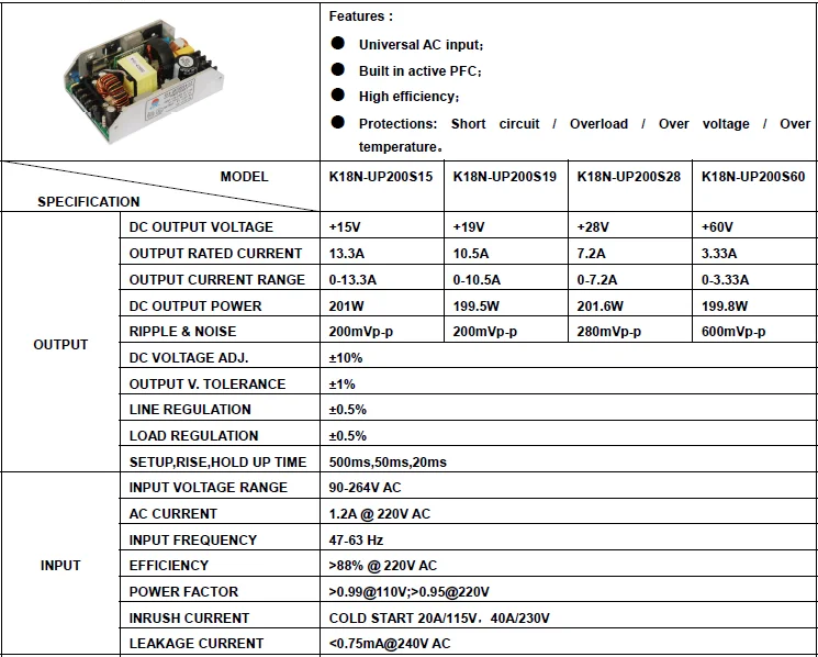 60 В 3.33A открытой рамки 200 Вт SMPS K18N-UP200S60 ETL Сертификация с PFC Функция
