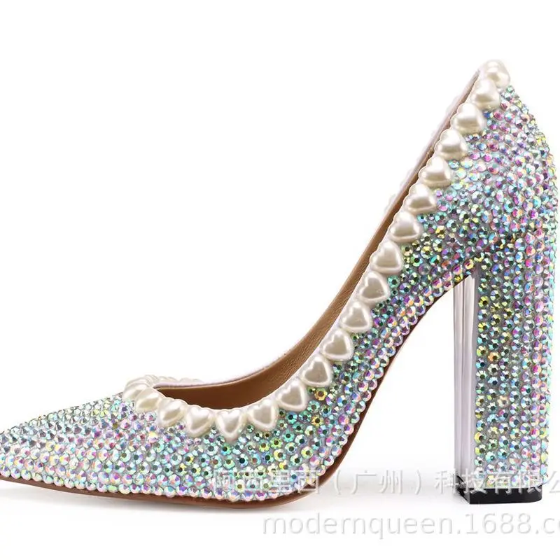 Women Pumps Wedding Shoes Thick heel Rhinestone 10CM Thin High Heels Bling Party Rhinestone Shoes banquet