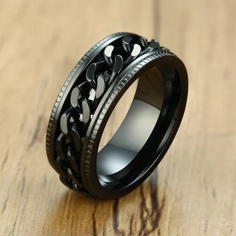 

Men's Promise Ring Black Chain Spinner 8MM Stainless Steel Roating Brands Size 7 To Size 13