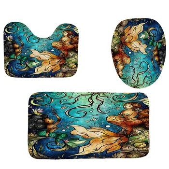 

4Pcs Home Bathroom Decor Set Two Mermaids Pattern Toilet Seat Cover Bath Mat Set+ Waterproof Shower Curtain