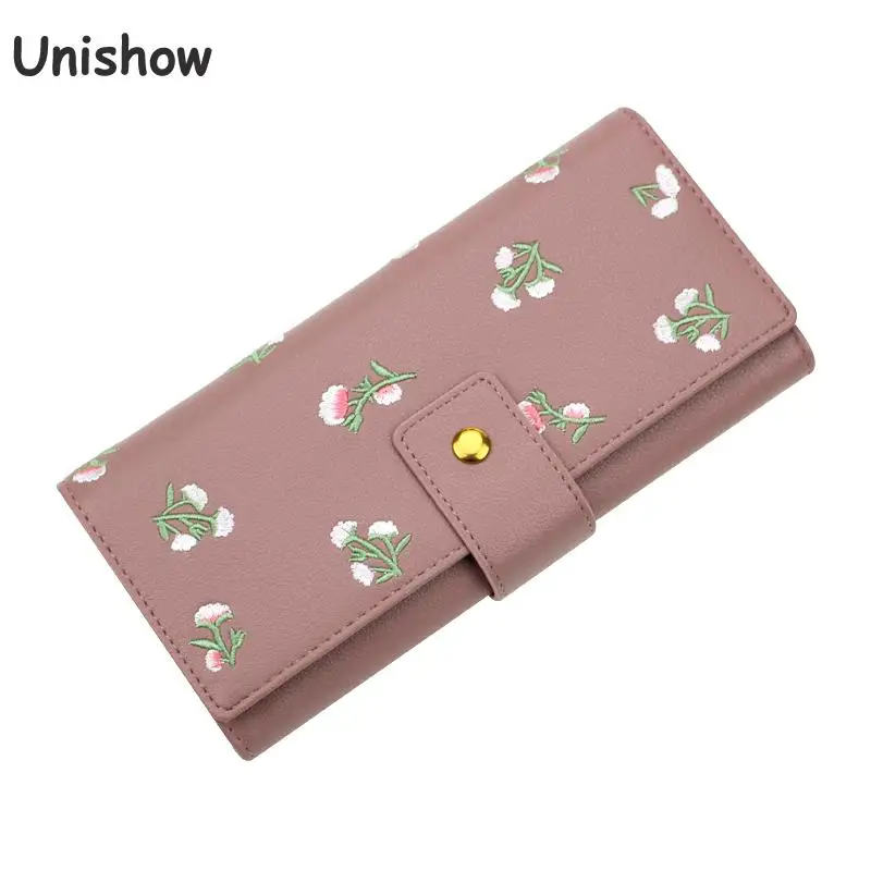 

Unishow Flower Wallet For Women Leather Wallet Female Brand Long Women Purse Clasp Floral Girl Red Pink Wallet Card Holders
