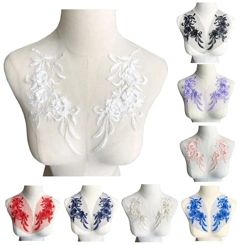 

2PCS 22CM Embroidered Sew On Patch Flowers Tassel Lace Trims Mesh Wedding Appliques Rose For Bride Evening Dress DIY Decoration