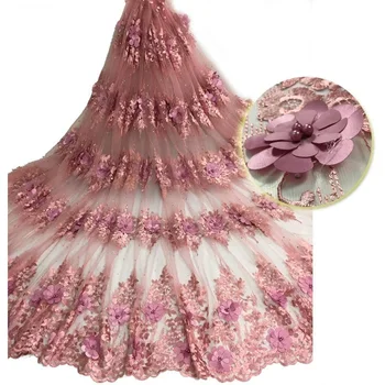 

2018 African French Tulle Floral Lace Fabric High Quality With 3D flowers rhinestones Nigerian Embroidery Wedding Embroidered