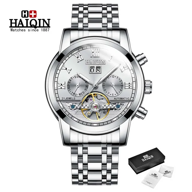 Автоматические механические мужские часы Топ бренд HAIQIN Роскошные мужские часы бизнес турбийон военные мужские наручные часы Reloj Hombres - Цвет: S-silver white