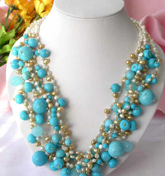 

huij 002431 5ROW WHITE PEARL NATURE turquoise CRYSTAL NECKLACE