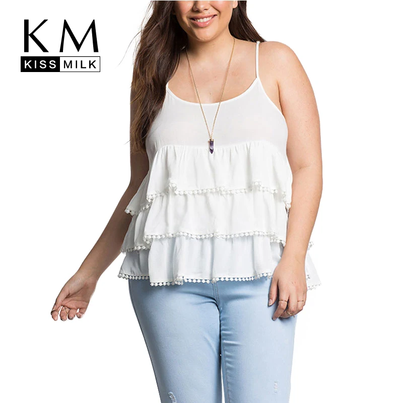 

Kissmilk 2016 Plus Size Summer Women New Tank Lace Cascading Loose Big Size Spaghetti Strap Top 3XL 4XL 5XL 6XL