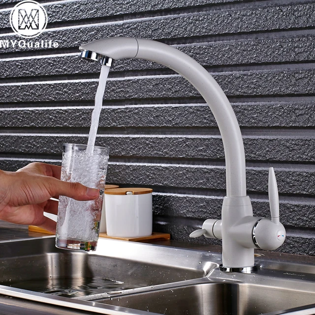 Best Offers Deck Mounted White 3 way Purification Kitchen Faucet Dual Water Outlet Filter Mixer Tap for Kitchen Dual Handle