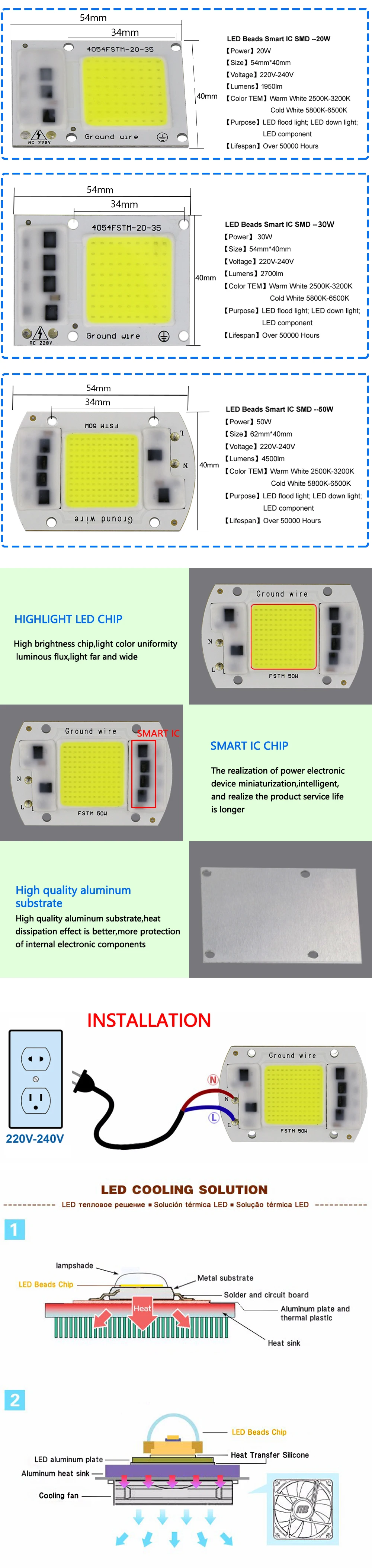 DIY светодиодный SMD чип лампа 30 Вт 50 Вт светильник-чип 230 В вход непосредственно Smart IC подходит для DIY прожектор светильник Холодный белый Теплый белый