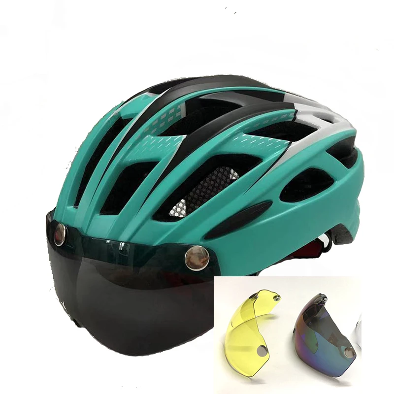 Велосипедный шлем линзы солнцезащитные очки козырек велосипедный шлем casco ciclismo capacete da bicicleta bici Mtb горный велосипед шлем 58-61 см - Цвет: sea blue in 3lens