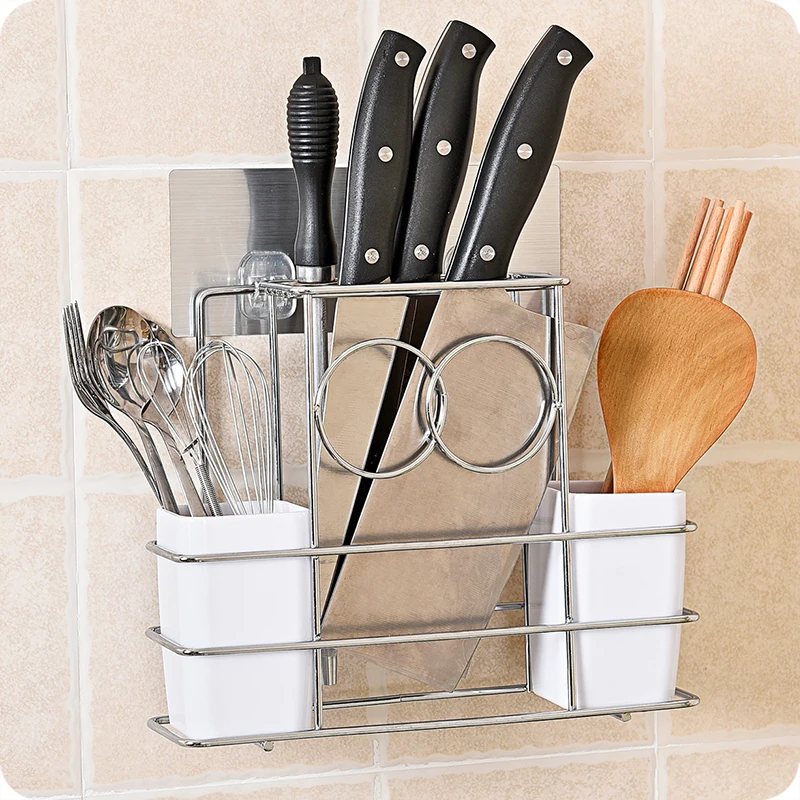 Stainless steel knife rack high quality 2 white chopstick cages fork shelves spoon holder reinforced kitchen supplies organizer