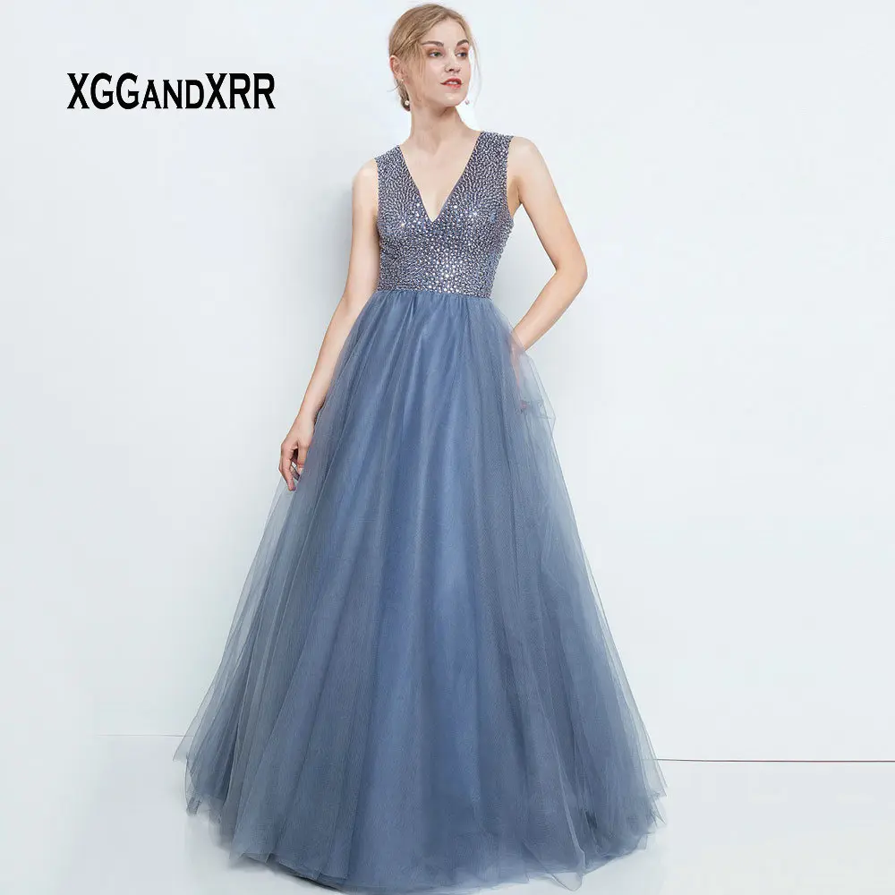 

Sexy V Neck Prom Dress 2019 Luxury Heavy Beading Crystal Tulle Gray Long Formal Dress Woman Princess Plus size Gown