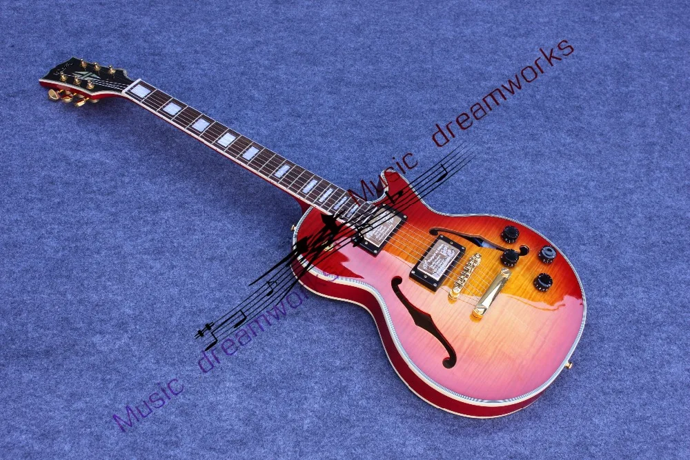 

China OEM firehawk shop electric guitar G hollow jazz guitar Red gradient yellow flame maple wood, Free shipping