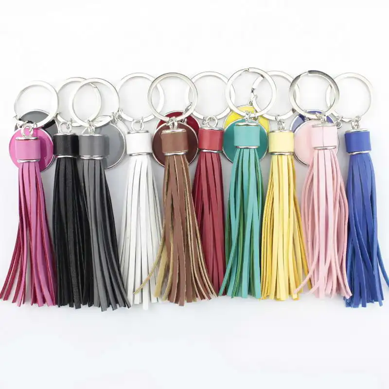 Fashion Silver Round Monogram Pompom PU Leather Tassel Keychain Bag Charms Key Ring Personalized ...
