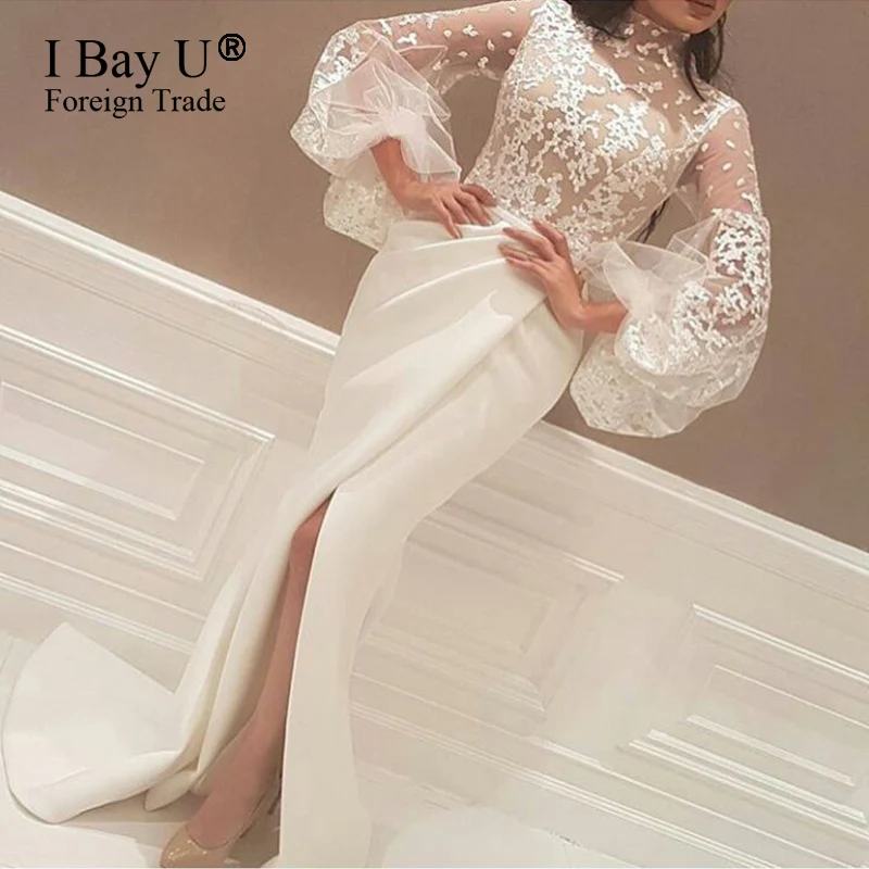 

Vestido De Fiesta 2017 White Arabic Mermaid Long Evening Dress Elegant Lace Appliques Evening Prom Dress Abendkler Puffy Sleeves
