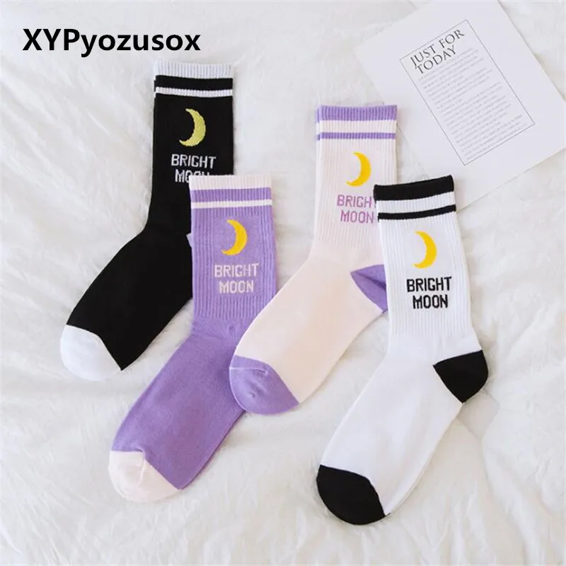 

Japanese Harajuku Cute Long Socks Women Bright Moon Cotton Socks Purple Moonlight Lunar Funny Skateboard Socks For Girl Female