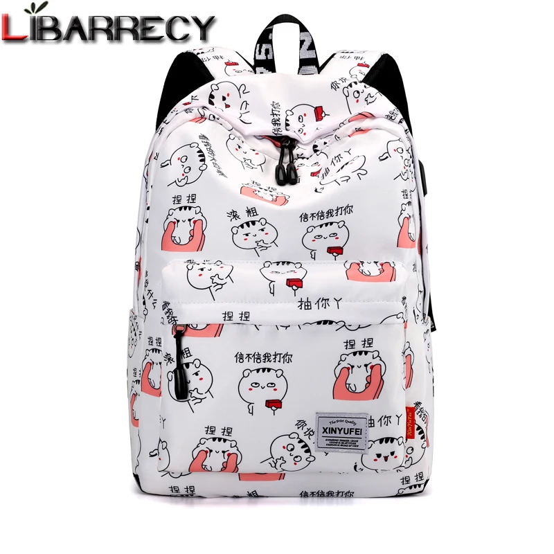 

Cute Cartoon printing Backpack Female Simple Lovely USB Charging Backpack for Children Large Capacity Nylon School Bag for Girls