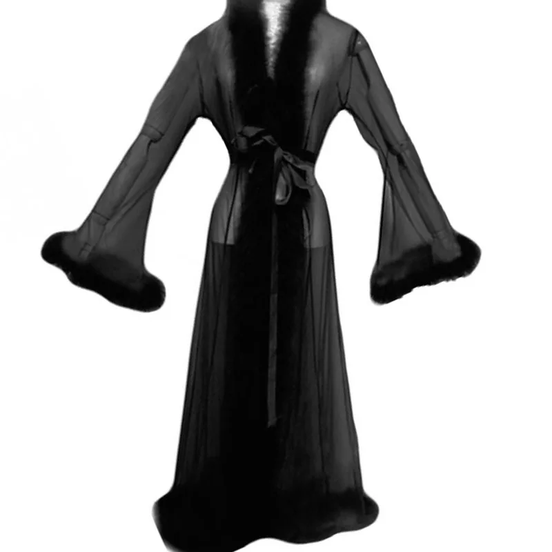 Kakaforsa Модные женские ночные рубашки с v-образным вырезом однотонные халаты меховой воротник перспективное платье сетки пижамы спа халаты Свадебные невесты