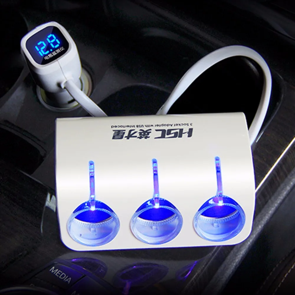 HSC 3 Sockets Way Car Auto Cigarette Lighter Splitter Power Adapter Dual 2 USB Car Charger for iphone for samsung/ Car DVR GPS