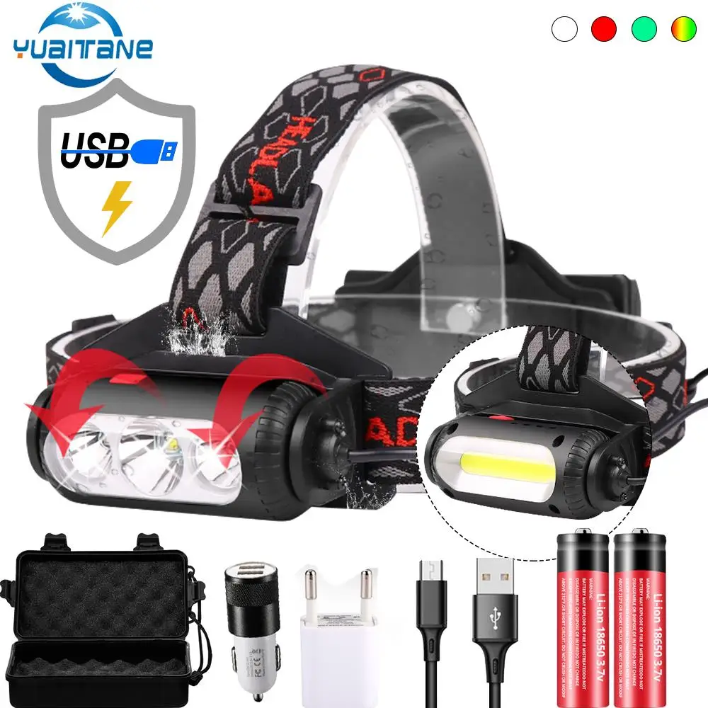 

30000Lums USB Rechargeable LED Headlamp 3T6 Headlight Rotate lamp holder 8 Light Mode LED COB Super Bright Headlights Waterproof