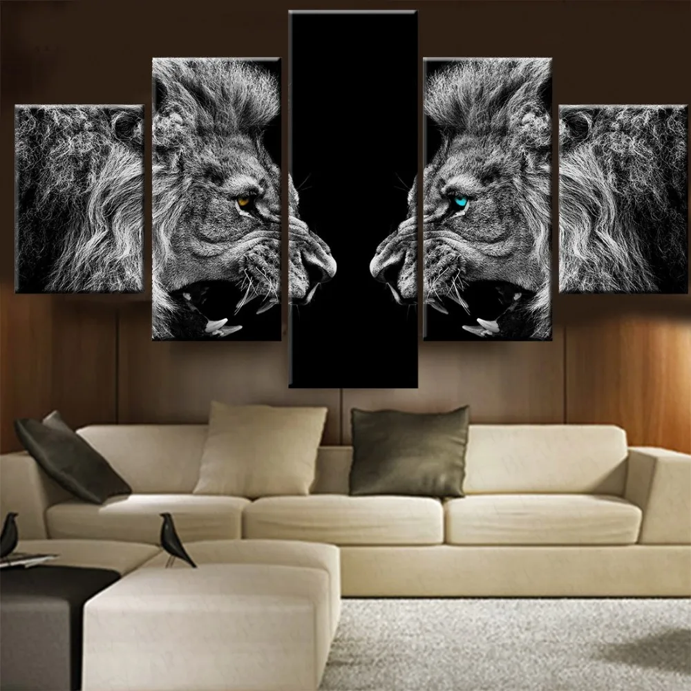 5 Piece Roaring Lions Canvas Painting Art Print Poster Wall Decorative