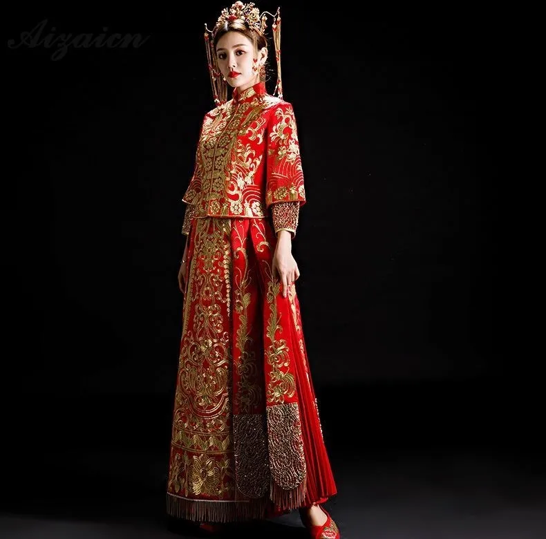 Модные Ретро плиссированные Cheongsam Длинные платья Chinoise невесты женитьба Qi Pao женское китайское свадебное платье Дракон Мантия с