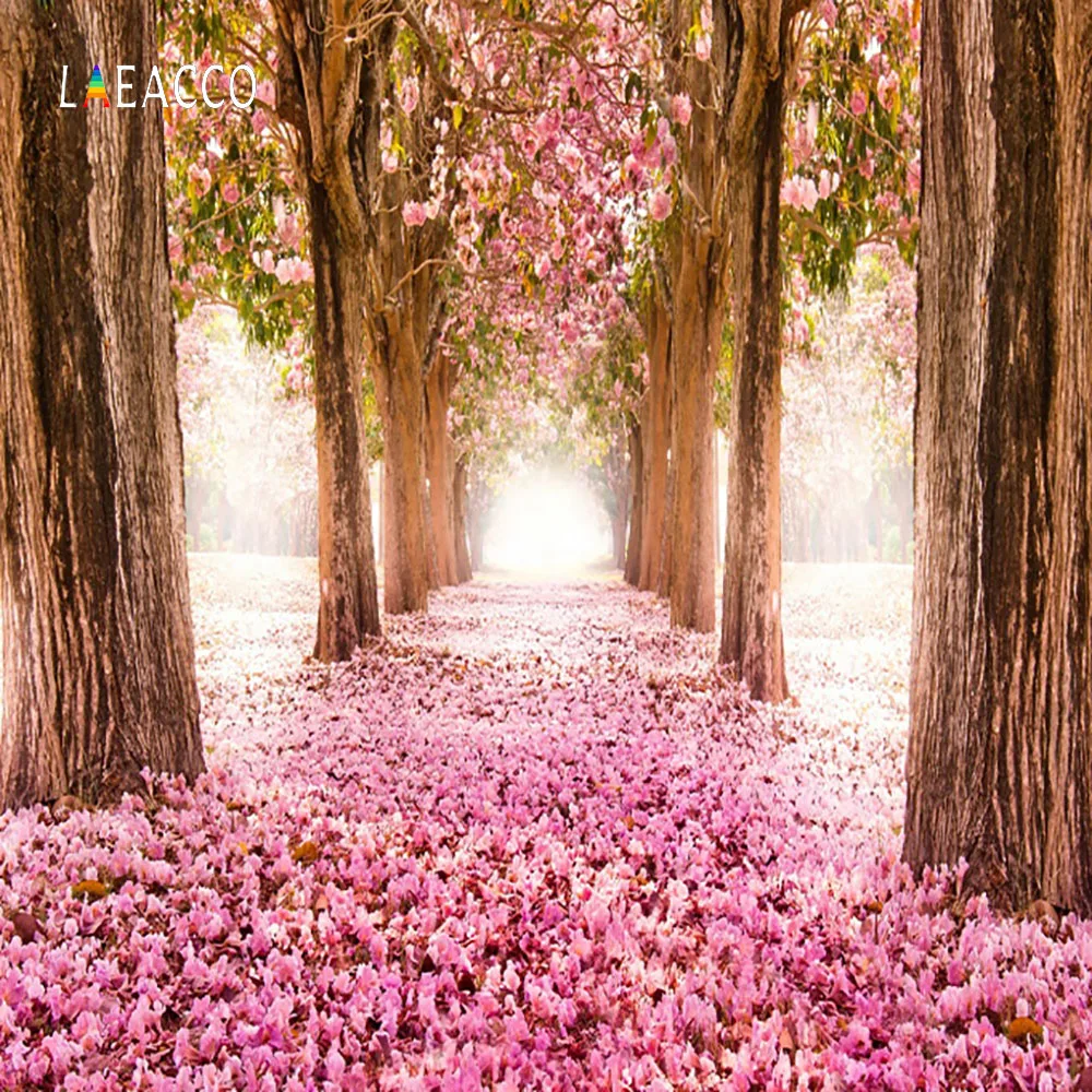 Laeacco Sweet Pink Flowers Tree Pathway Scenic Baby Photography Backgrounds Customized Photographic Backdrops For Photo Studio