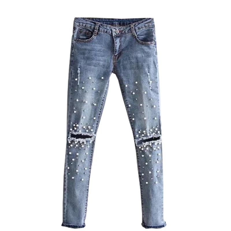 

Jeans for women Ripped Hole Stretch denim pants Beads Pearl skinny pencil pants casual Rivet slim Trousers Mid Waist Cowboy