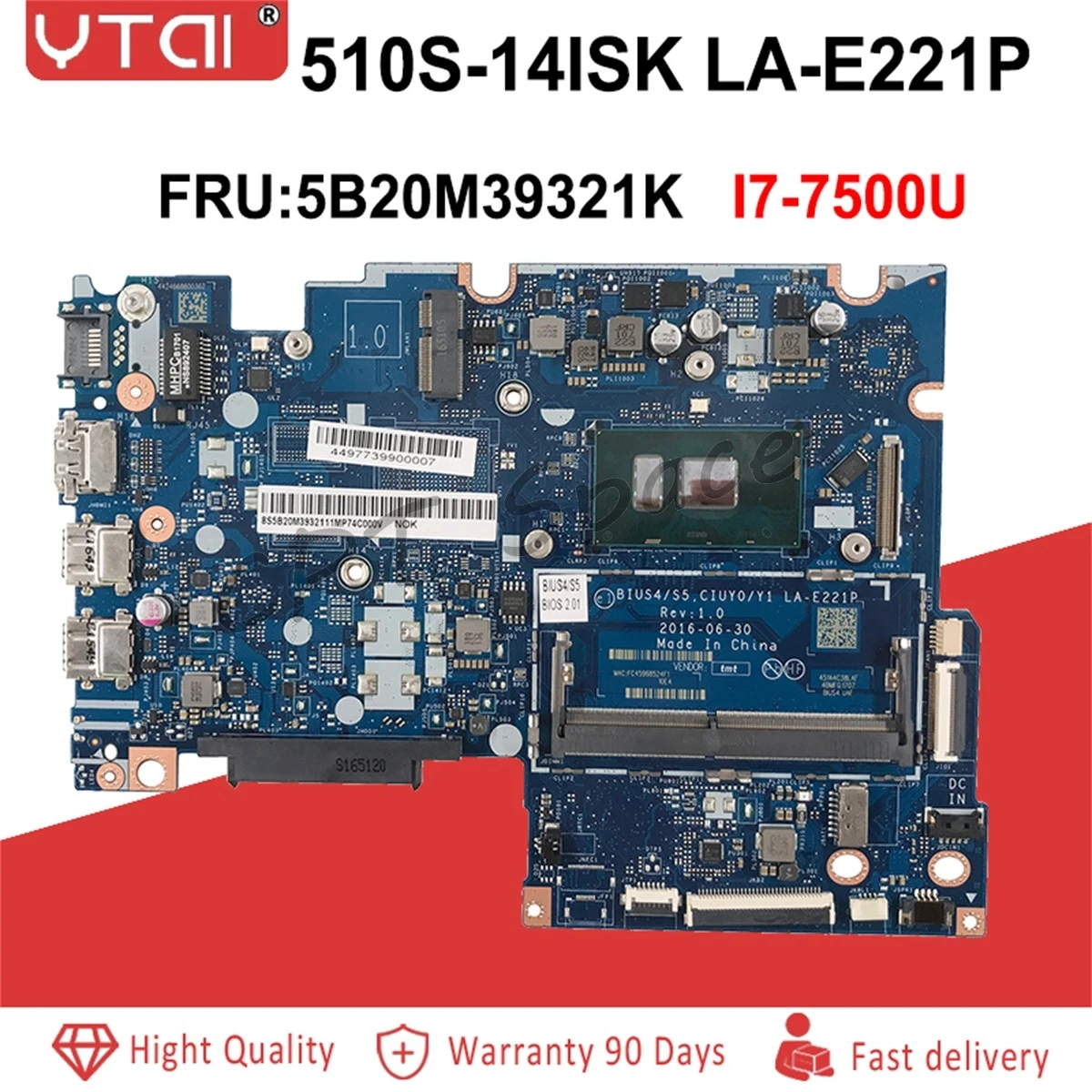 

LA-E221P FRU:5B20M39321 Lenovo Yoga510-14ikb flex-4-1480 notebook PC motherboard i7-7500U R5 M430 2G solo display 100% test OK