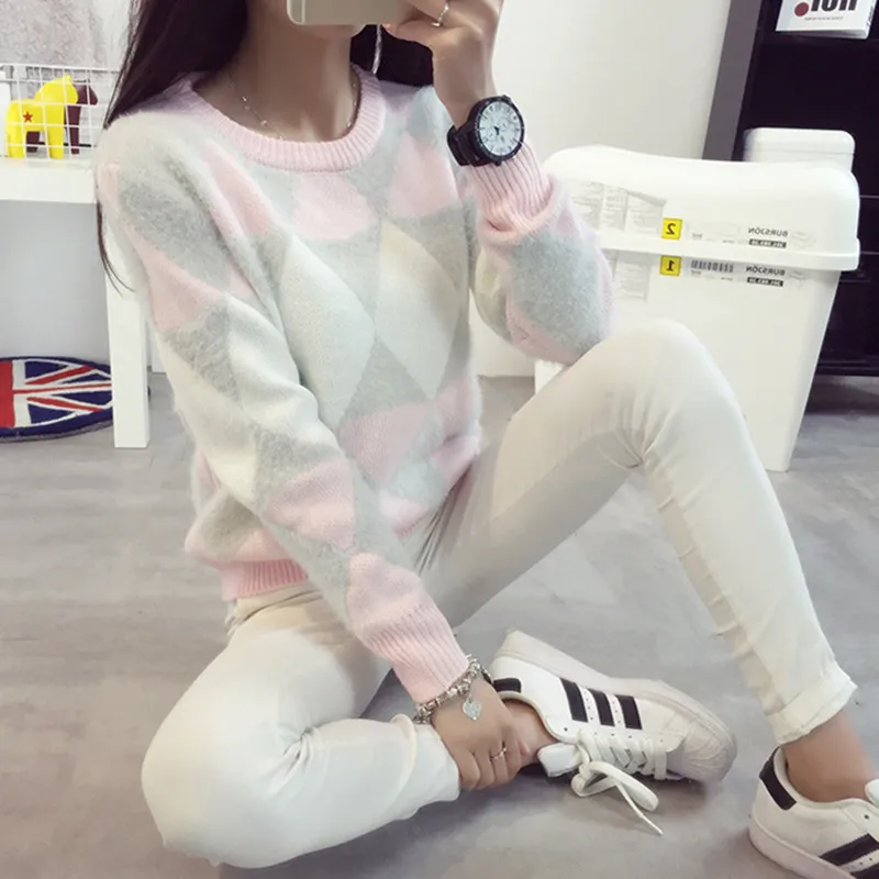 

2018 New Women's Short Style Spring Autumn Round Neck Thick Pullover Sweaters Woman Geometric Diamond Thick Knit Sweater