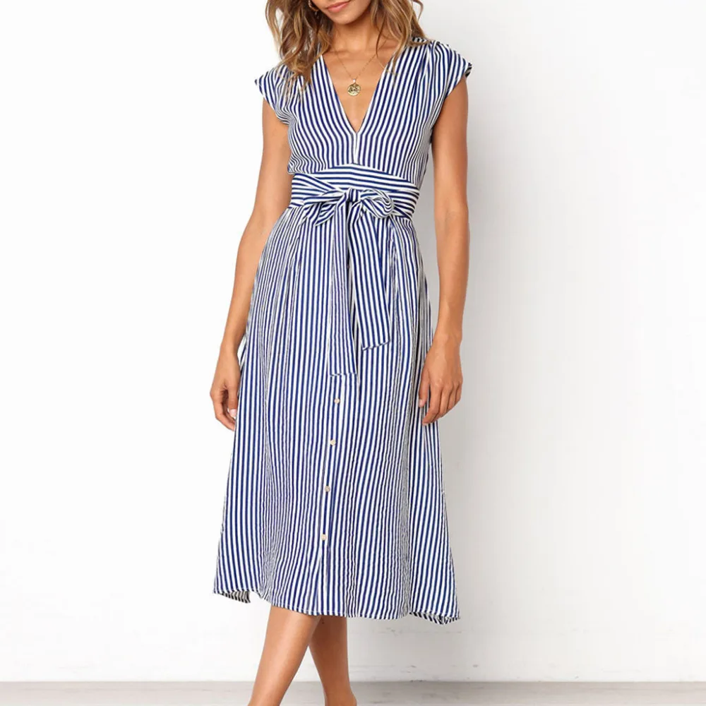 women v neck high waist stripe dresses sleeveless backless party dress