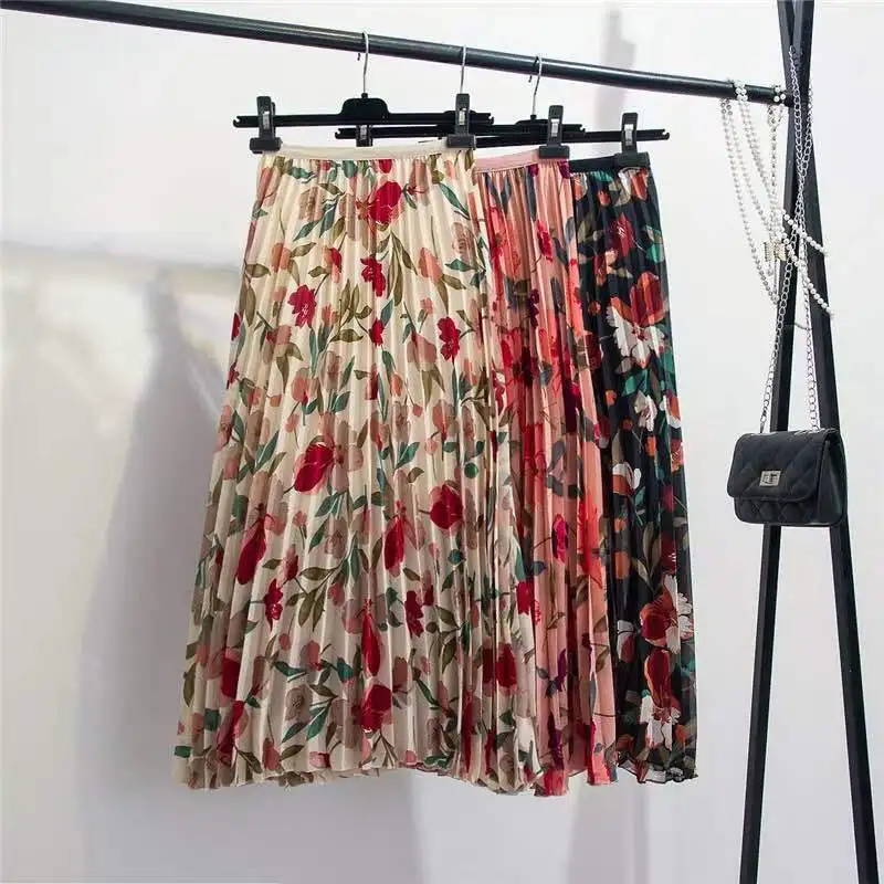 

956 women skirts long skirt girl Floral chiffon half-length skirt female summer new fashion pleated skirt fairy