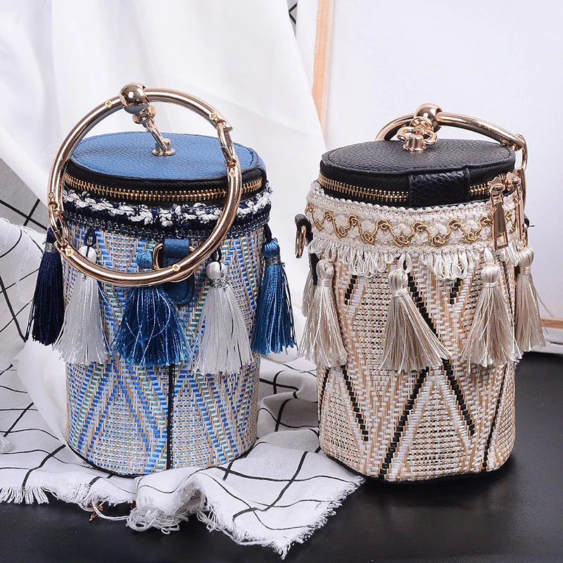 Metal Ring Tassel Chain Handbag For Women High Quality Fashion Straw Bag Round Tote Bag Hand Shoulder Travel Bag New