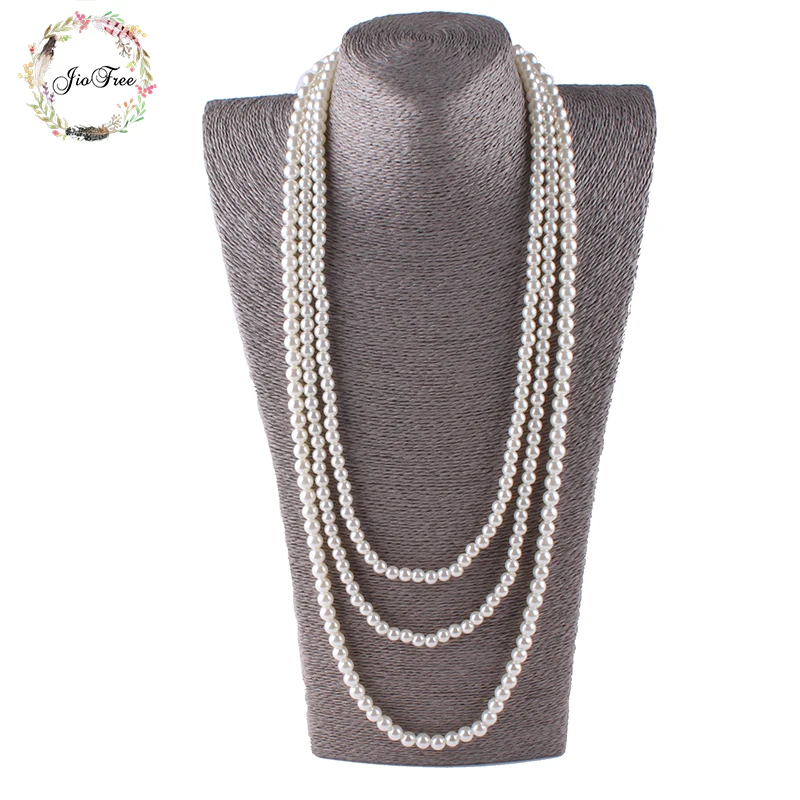 

JIOFREE Women Classic Multi chain layer Ivory Round Simulated-pearl Imitation pearl Necklace Handmade long Pearls Necklace women
