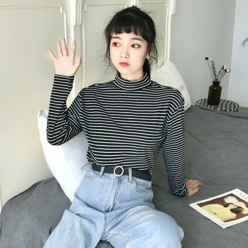 

2 Colors Mihoshop Ulzzang Korean Korea Women Fashion Clothing Turtleneck Stripe Casual Preppy Student Basic Tops