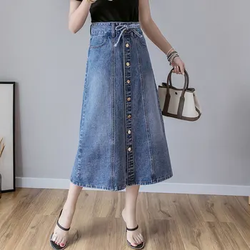 

2019 Spring Summer Korean Style Womens High Waisted Bow Button Fly A Line Long Denim Skirt , 3xl Washed Jean Skirts For Woman