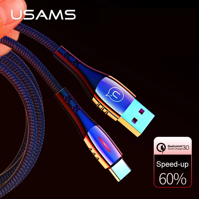 

USAMS Auto Power off Type-C USB Cable Quick Charge QC3.0 Nylon Braided Cable LED Light for USB C Cable Smart Charger Cable