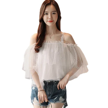 

2018 Girls New Summer Women Sweet Off Shoulder Beading Chiffon Blouses Female Sexy White Gray Mesh Shirt Woman Fashion Tops D091
