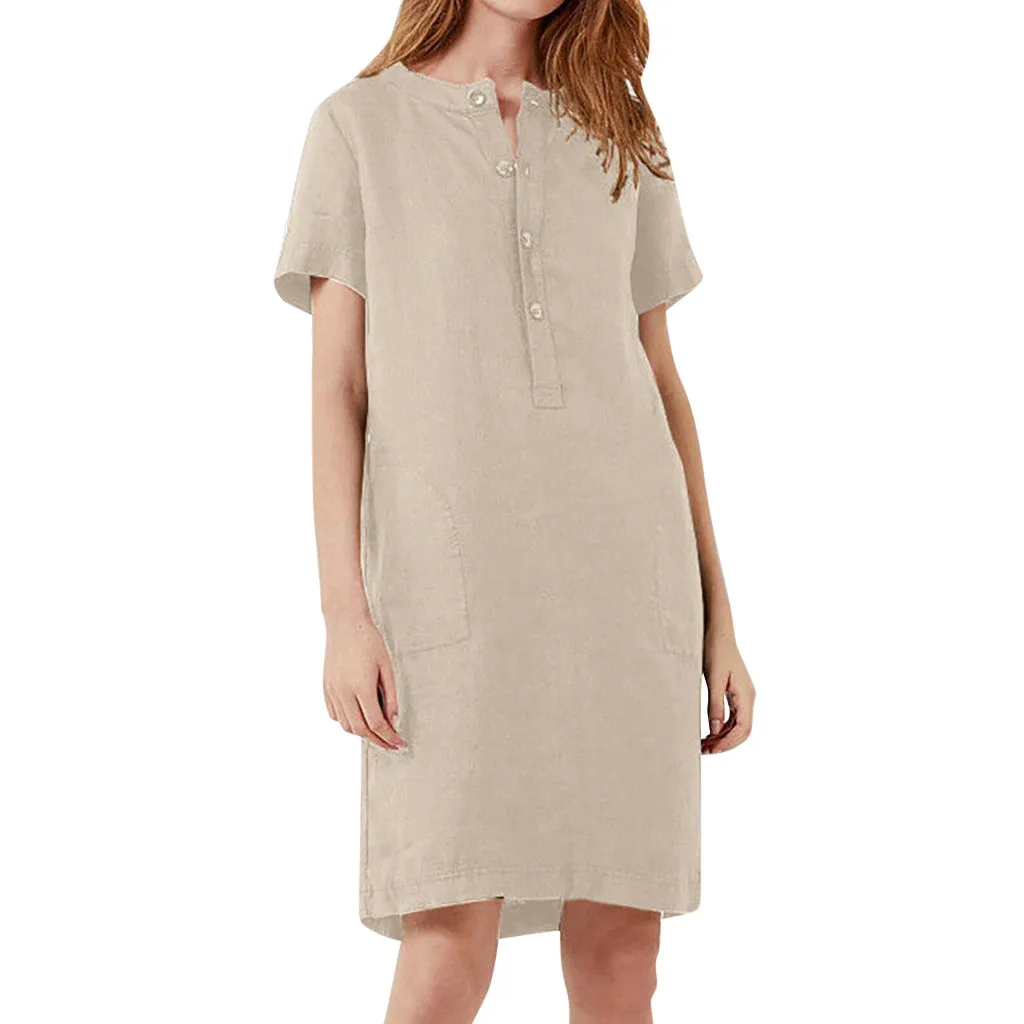 

Plus size linen women dress Elegant v-neck female summer dress Button casual pockets ladies dress 2019
