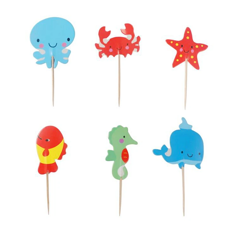 24pcs ocean cupcake toppers whale hippocampus starfish cake picks party decor X