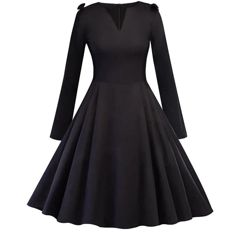 ShejoinSheenjoy Black Vintage Dress V-Neck Long Sleeve Autumn Winter A-Line Dresses Womens Clothing Ball Gown Party Dresses (3)